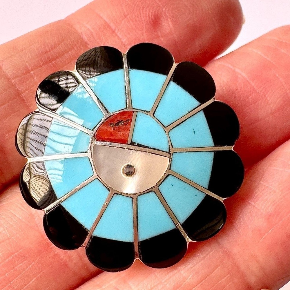 Zuni Sunface Pendant Brooch Turquoise 1in Sterling Inlay Signed PDS Native